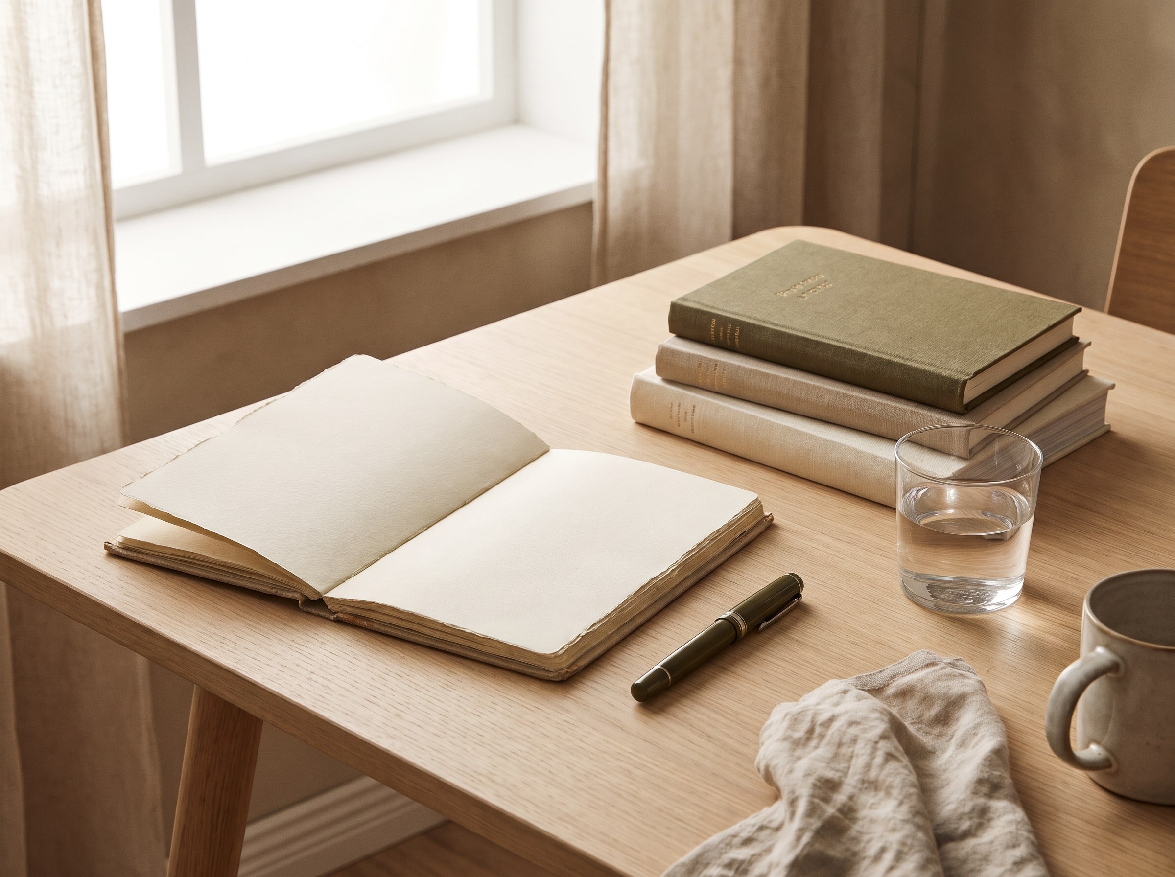 Aufgeschlagenes Notizbuch mit Füller und Büchern auf einem hellen Holztisch