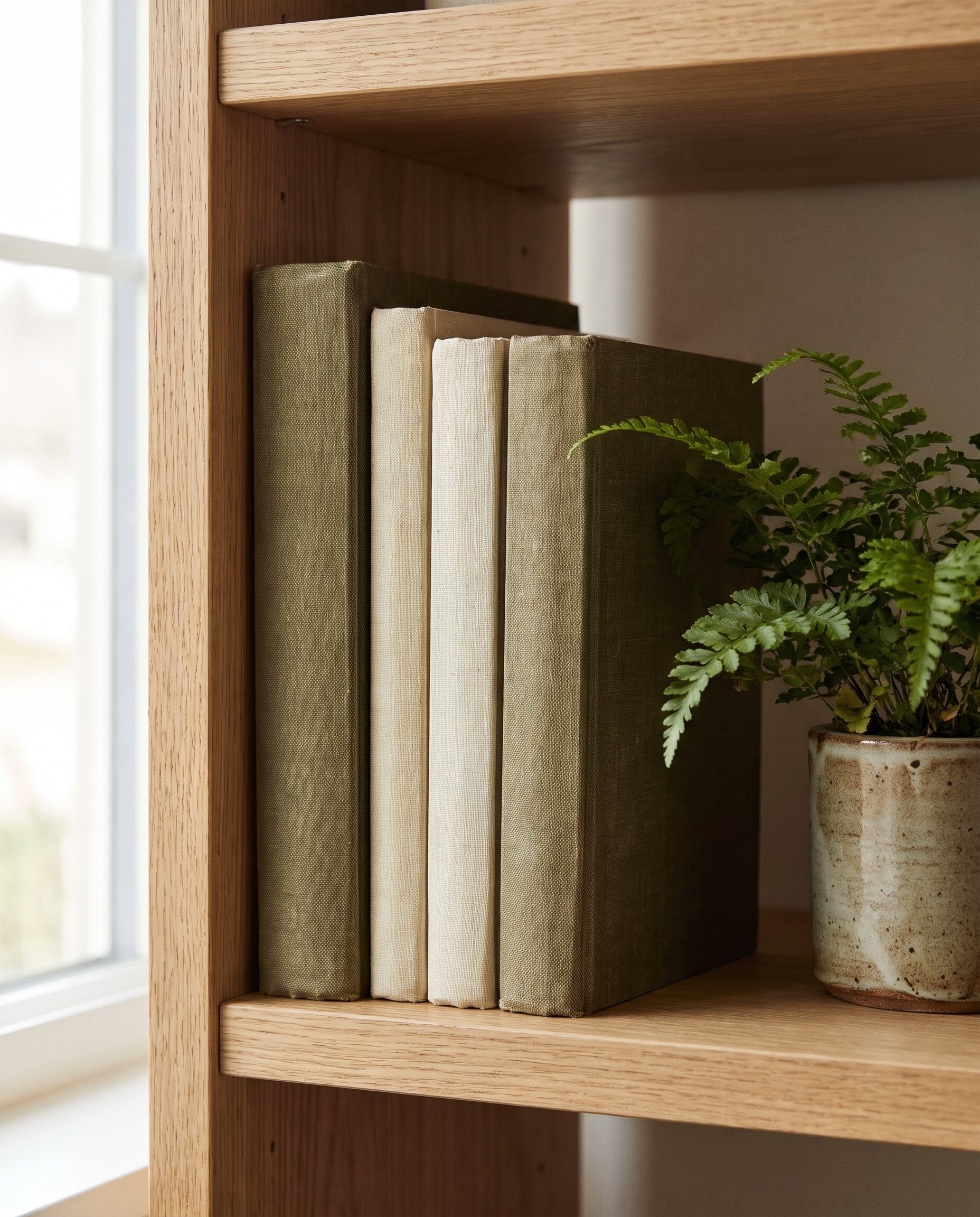 Bücher mit Leineneinband auf einem hellen Regal