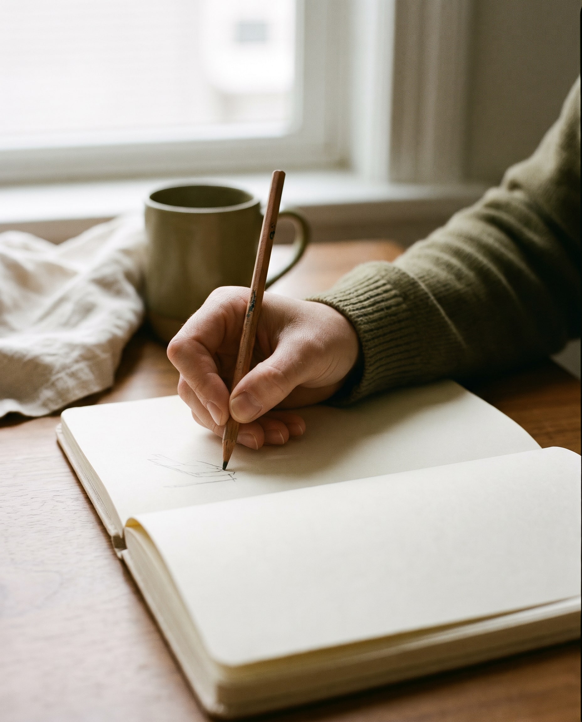 Hand schreibt mit Bleistift in ein Notizbuch