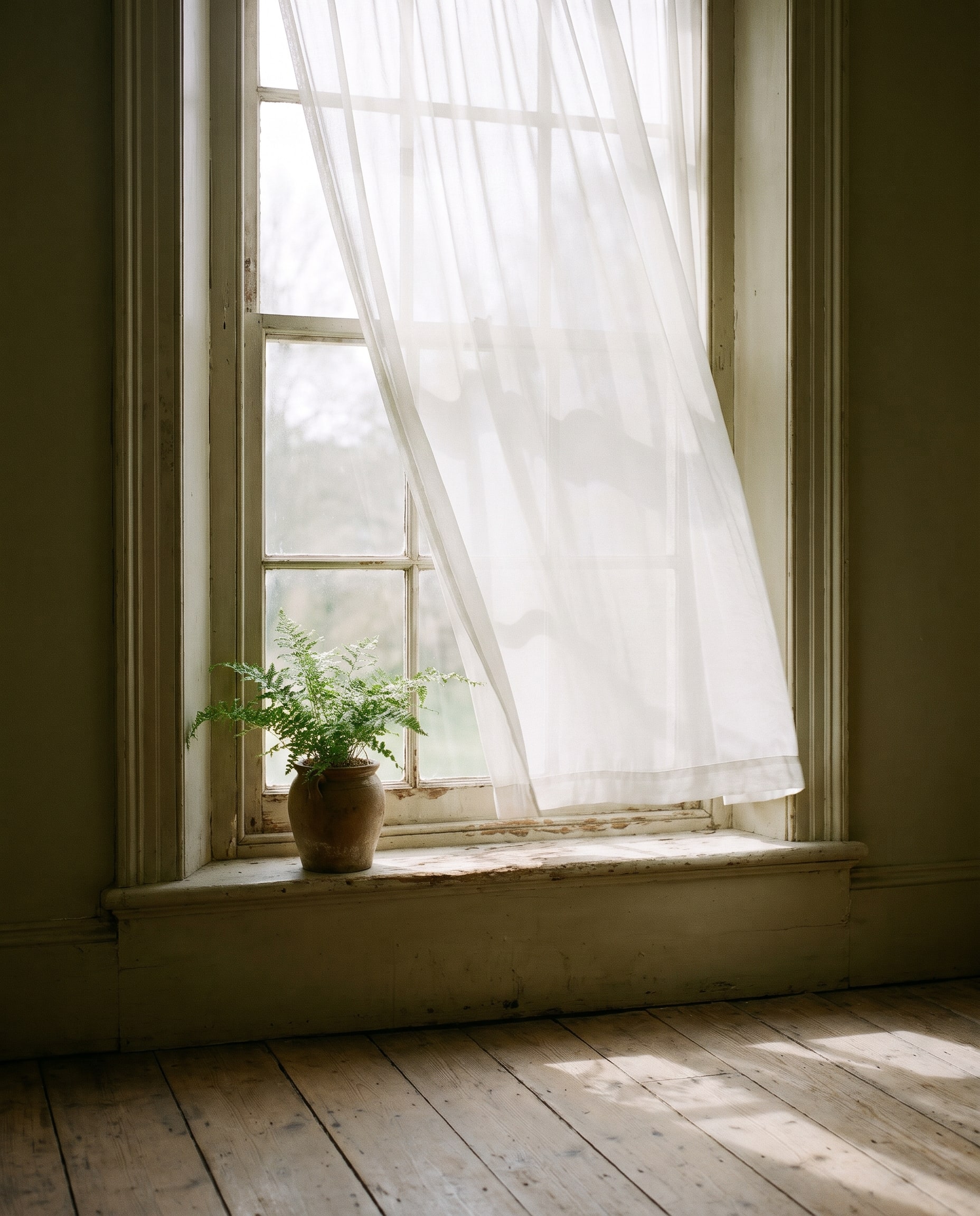 Hohes Fenster mit leichtem Vorhang im Morgenlicht