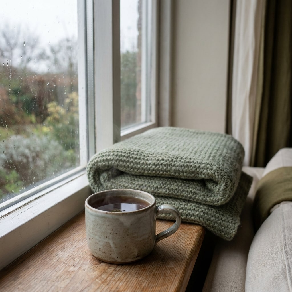 Tasse Kräutertee neben einer Wolldecke am Fenster