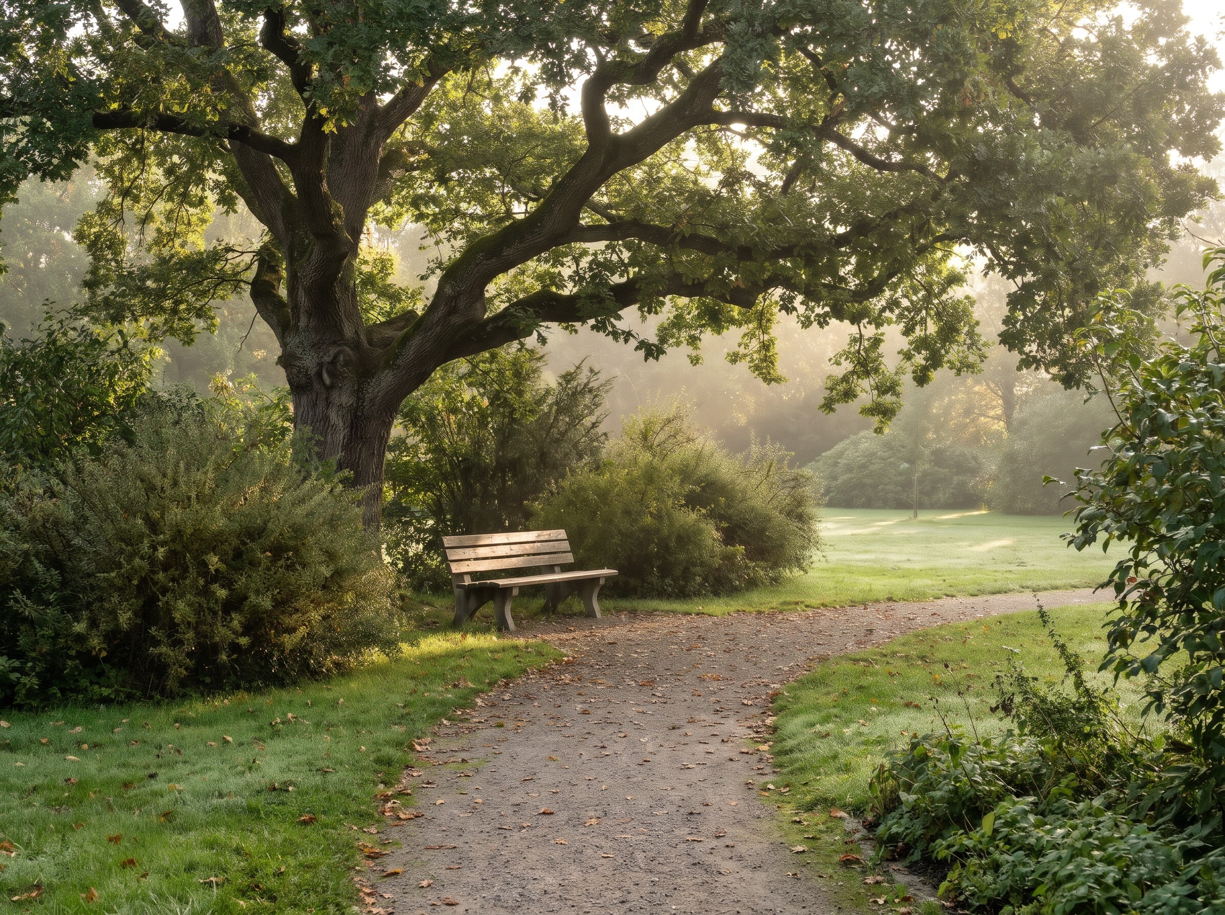Bank unter einem alten Baum im Herrngarten Darmstadt im Morgenlicht
