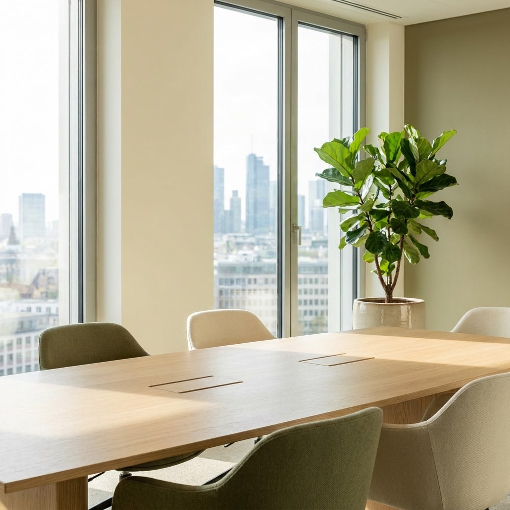 Heller Besprechungsraum mit langem Holztisch und Blick über Frankfurt