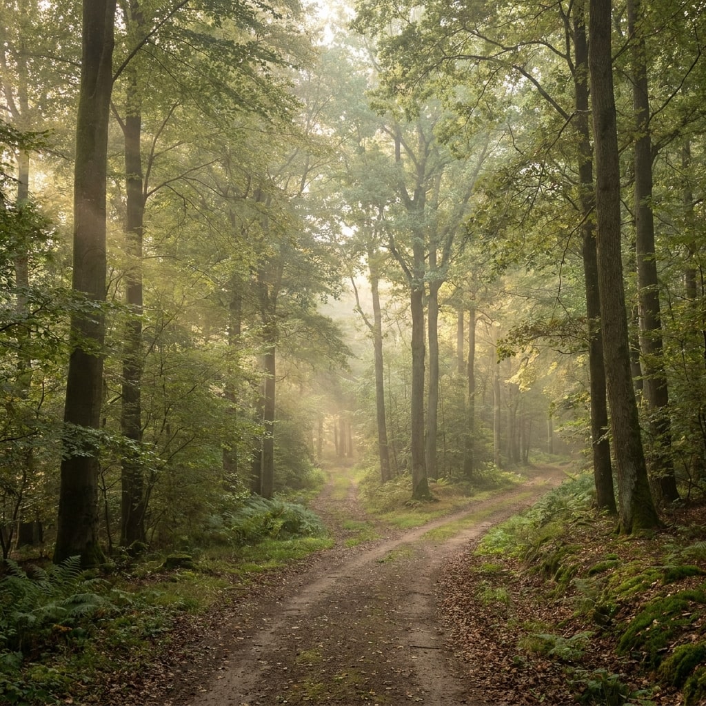 Waldweg im Morgenlicht, der sich in zwei Wege teilt
