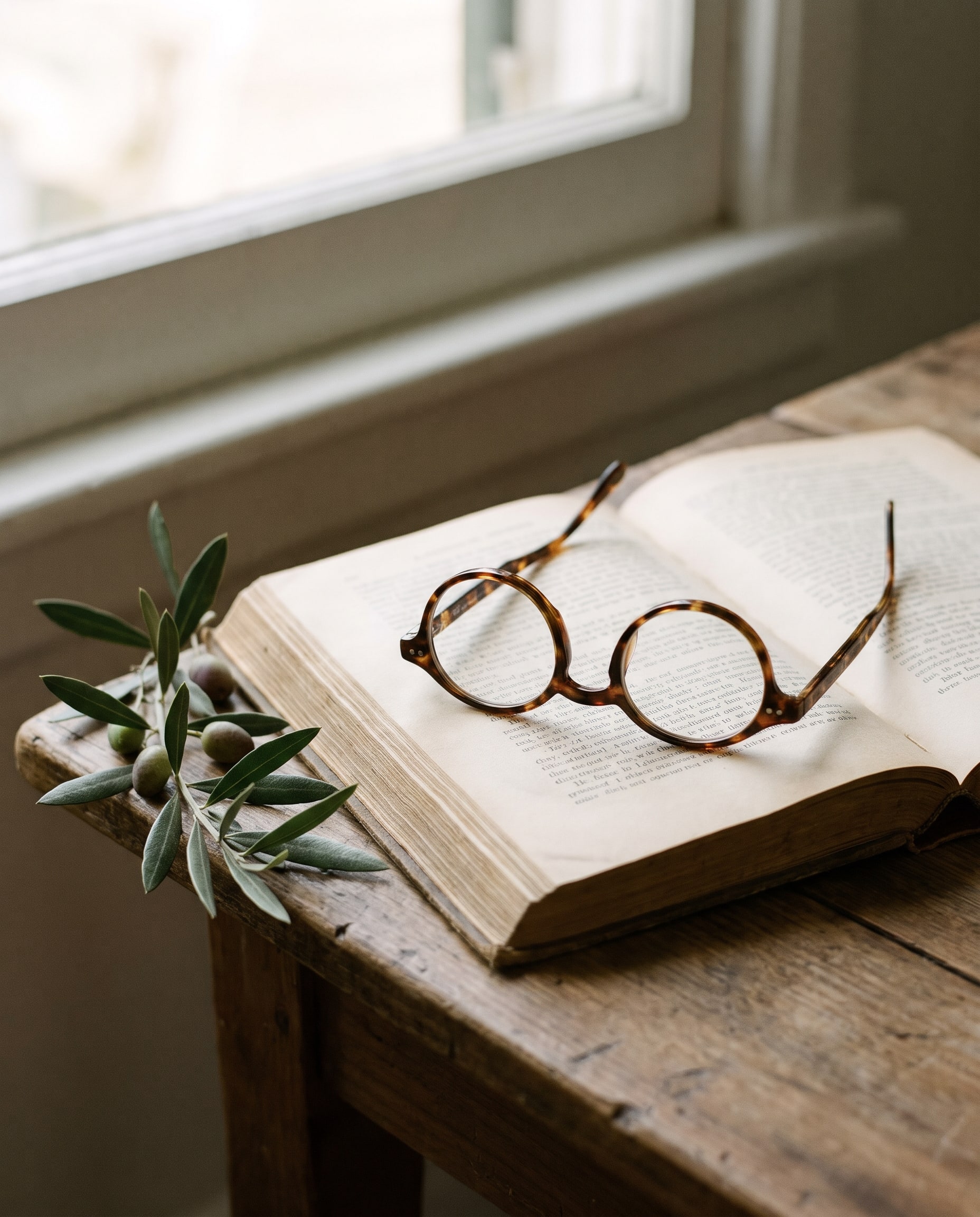 Lesebrille auf einem aufgeschlagenen Buch am Fenster