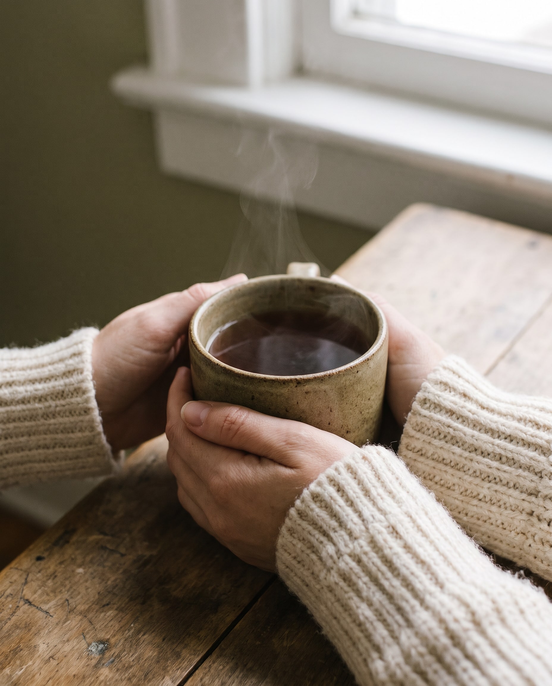 Hände halten eine warme Tasse Tee
